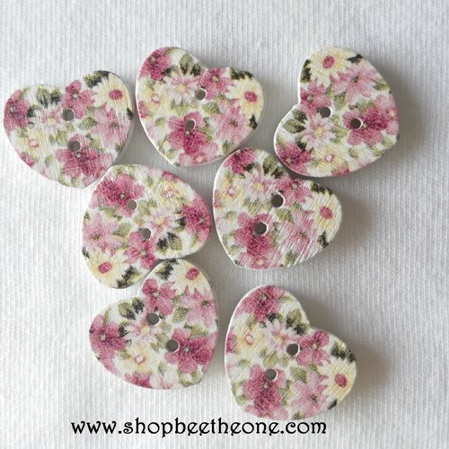 Bouton petit coeur "fleurs roses ou violettes" en bois - 17 mm - modèle c