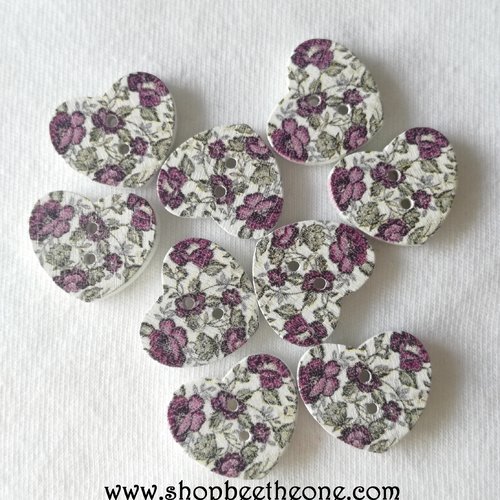 Bouton petit coeur "fleurs roses ou violettes" en bois - 17 mm - modèle a