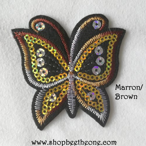 Applique écusson patch thermocollant papillon dégradé à sequins holographiques (à coudre ou à repasser) - marron
