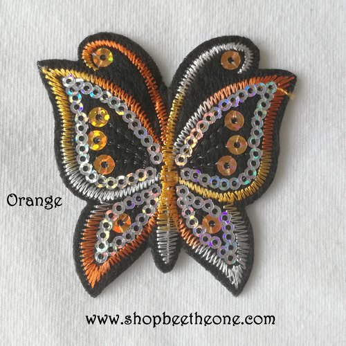 Applique écusson patch thermocollant papillon dégradé à sequins holographiques (à coudre ou à repasser) - orange