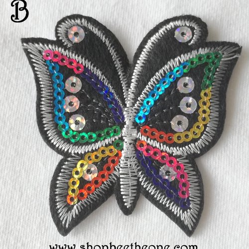 Applique écusson patch thermocollant papillon arc-en-ciel à sequins holographiques (à coudre ou à repasser) - coloris b