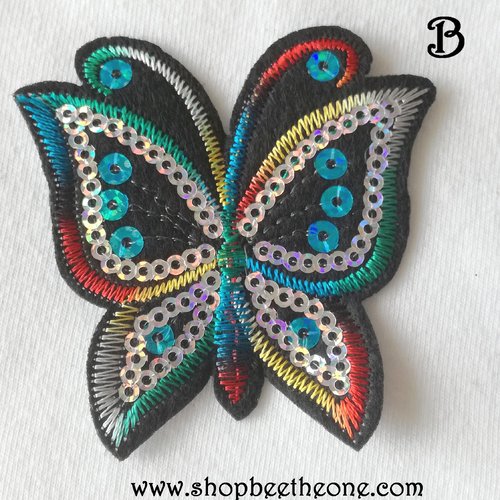 Applique écusson patch thermocollant papillon coloré à sequins (à coudre ou à repasser) - coloris b