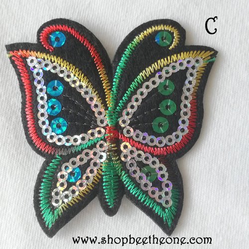 Applique écusson patch thermocollant papillon coloré à sequins (à coudre ou à repasser) - coloris c