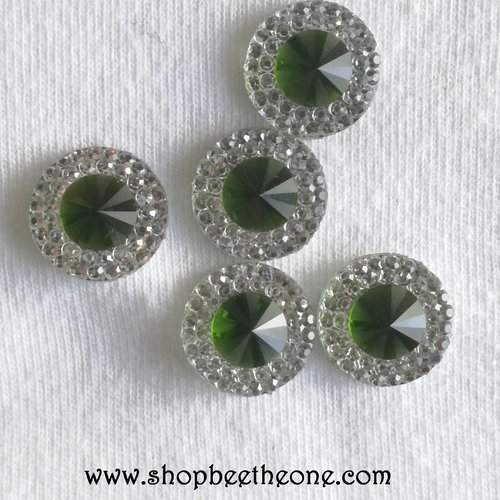 Cabochon rond strass et pierre colorée - vert olive - 12 mm - pour bijoux, décoration, scrapbooking...