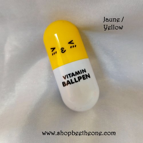 Stylo à bille kawaii "pilule de vitamine" fluo - encre bleue - jaune