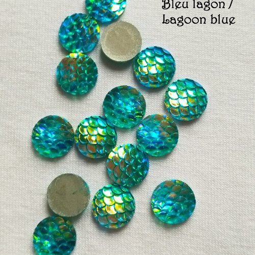 Cabochon strass demi-perle rond ecaille de sirène/dragon - 10 mm - bleu lagon