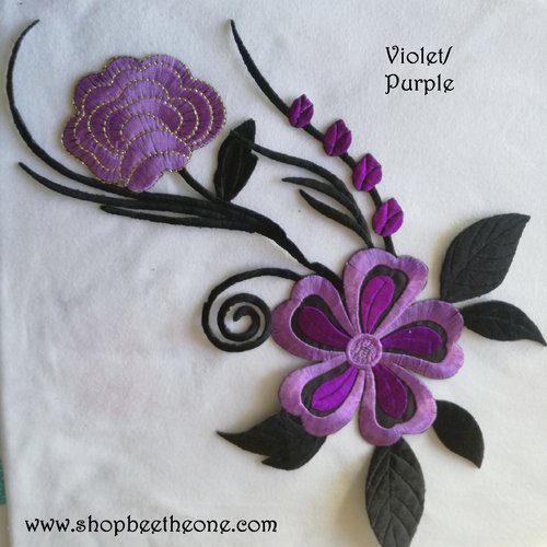 Maxi applique broderie patch thermocollant grandes fleurs 28,5 x 18 cm (à coudre ou repasser) - violet et noir