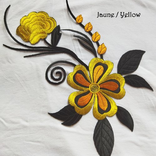 Maxi applique broderie patch thermocollant grandes fleurs 28,5 x 18 cm (à coudre ou repasser) - jaune et noir