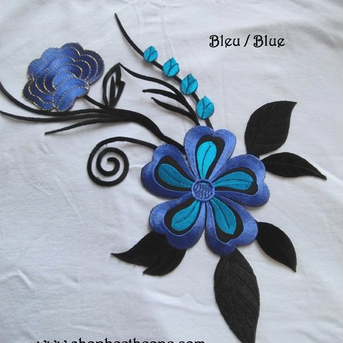 Maxi applique broderie patch thermocollant grandes fleurs 28,5 x 18 cm (à coudre ou repasser) - bleu et noir