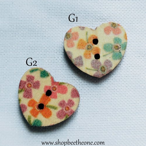Bouton petit coeur "fleurs multicolores" en bois façon vintage - 17 mm - modèle g1