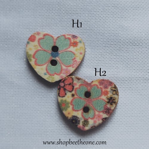 Bouton petit coeur "fleurs multicolores" en bois façon vintage - 17 mm - modèle h2