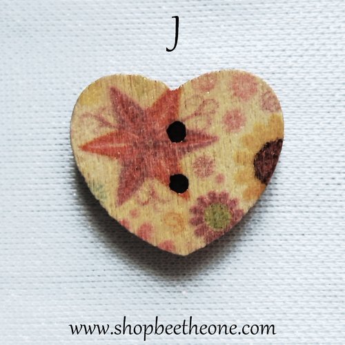 Bouton petit coeur "fleurs multicolores" en bois façon vintage - 17 mm - modèle j