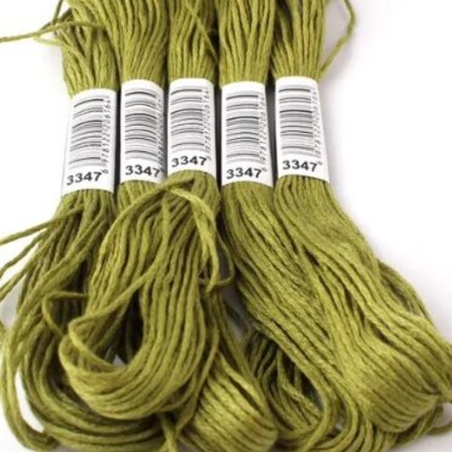 Fil à broder - équivalent n° dmc 3347 vert scarabée - écheveau de coton mouliné pour broderie - 8 m - 6 brins