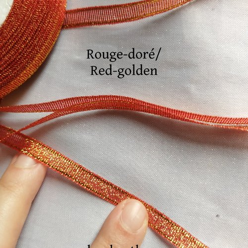 Ruban fantaisie organza bicolore brillant - 7,5 mm x 1 m - rouge/doré - pour scrapbooking, décoration, couture...