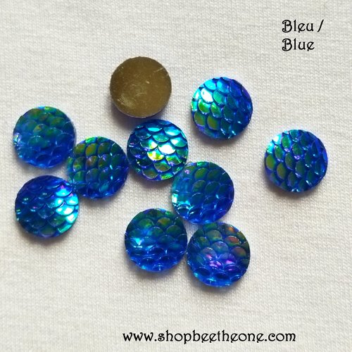 Cabochon strass demi-perle rond ecaille de sirène/dragon - 10 mm - bleu