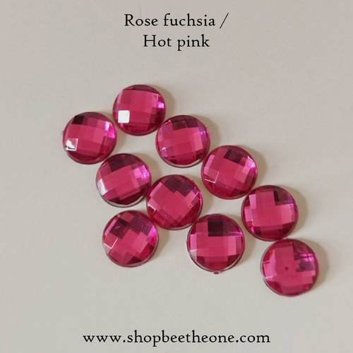 Cabochon rond strass demi-perle à facettes - rose fuchsia - 10 mm - pour nail art, bijoux, decoration, scrapbooking.