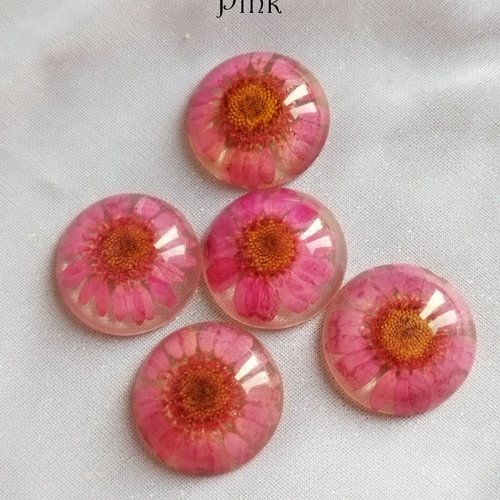 Cabochon rond en verre loupe avec fleur séchée - 25 mm - rose