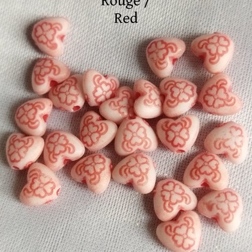 Perle mini coeur imprimé en résine - 7 mm - rouge