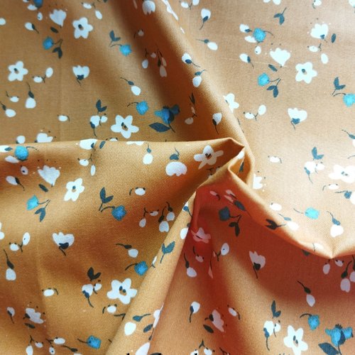 Coupon de twill coton "petites fleurs" - 50 x 50 cm - fond jaune