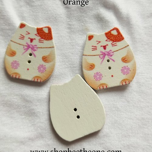 Bouton chat porte-bonheur japonais "maneki-neko" en bois - 25 mm - orange