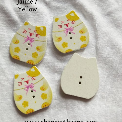 Bouton chat porte-bonheur japonais "maneki-neko" en bois - 25 mm - jaune