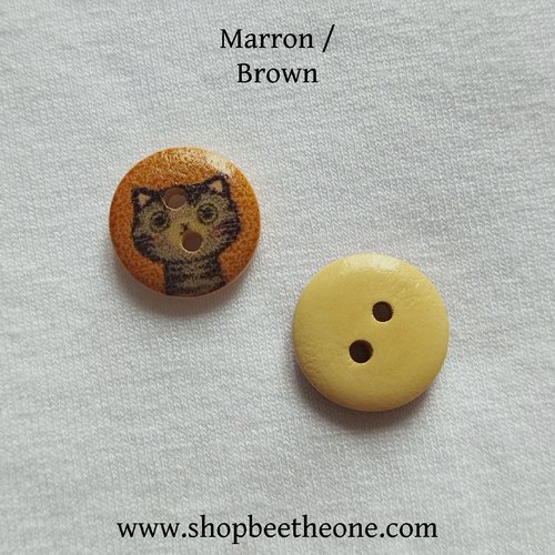 Bouton rond "petit chat moucheté" en bois - 15 mm - marron