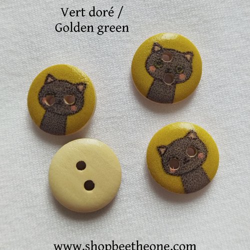 Bouton rond "petit chat moucheté" en bois - 15 mm - vert doré