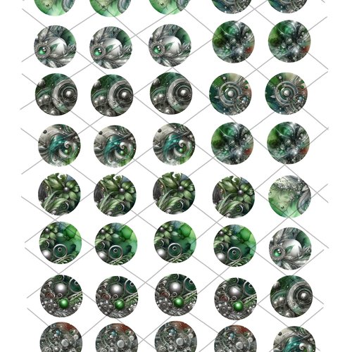 Images digitales pour cabochons abstrait vert/argent inspiration sci-fi/steampunk - 128 images x 20 mm, 30 mm, 1 inch - a télécharger