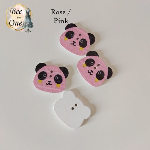 Bouton tête de panda émoticône colorée en bois - 22 mm - rose