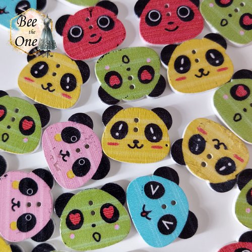 Lot de 10 boutons tête de panda émoticône colorée en bois - 22 mm - prix réduit