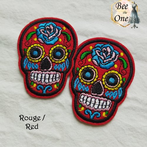 Ecusson patch brodé applique tête de mort calavera motif floral - 7,2 cm x 5,3 cm (à coudre ou repasser) - rouge