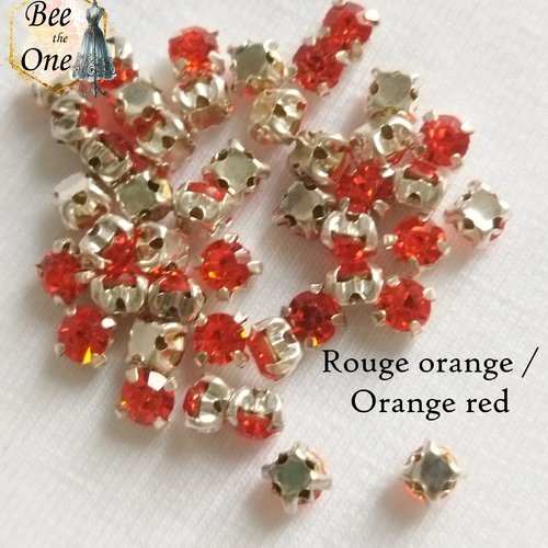 Lot de 10 strass à coudre, ronds à facettes sur base carrée - 3 mm - rouge orange