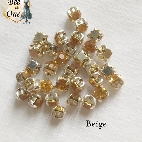 Strass à coudre, ronds à facettes sur base carrée - 3 mm - beige