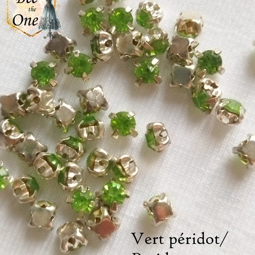 Strass à coudre, ronds à facettes sur base carrée - 3 mm - vert péridot