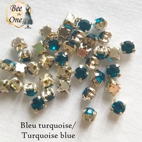 Strass à coudre, ronds à facettes sur base carrée - 3 mm - bleu turquoise