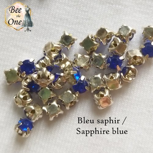 Strass à coudre, ronds à facettes sur base carrée - 3 mm - bleu saphir