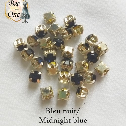 Strass à coudre, ronds à facettes sur base carrée - 3 mm - bleu nuit