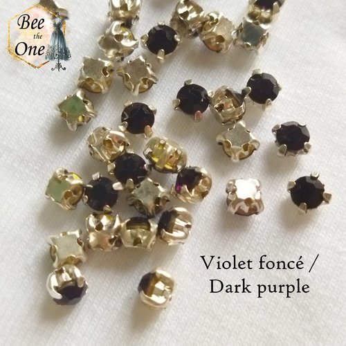 Lot de 10 strass à coudre, ronds à facettes sur base carrée - 3 mm - violet foncé