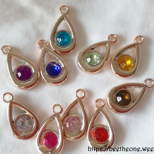 Lot de 5 breloques goutte avec pierre colorée - 20 mm - 4 mm - mix
