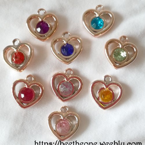 Lot de 5 breloques coeur avec pierre colorée - 20 mm - mix