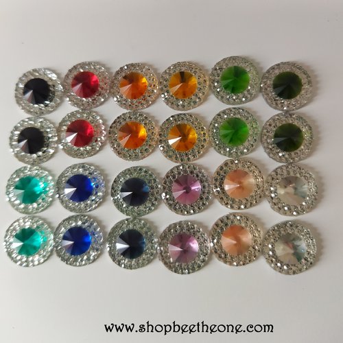Lot de 10 cabochons rond strass et pierre colorée - mix - 12 mm - pour bijoux, décoration, scrapbooking...