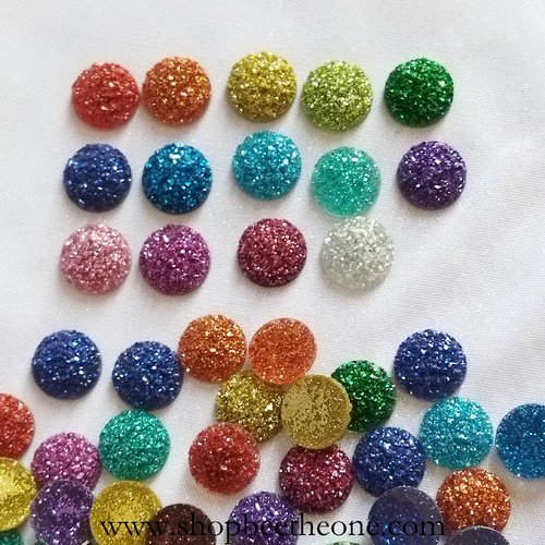 Lot de 10 cabochon rond demi-perle effet druzy (géode) - 12 mm - mix - reflets pailletés ton sur ton