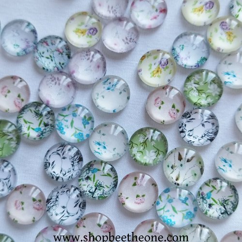 Lot de 5 cabochons rond en verre demi-perle avec image "fleurs de printemps" - 12 mm - mix