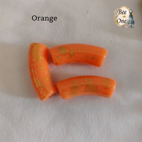 Perle tube en acrylique tacheté doré finition brillante - 34 x 11 mm - orange/doré