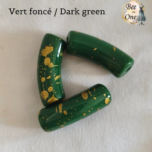 Perle tube en acrylique tacheté doré finition brillante - 34 x 11 mm - vert foncé/doré