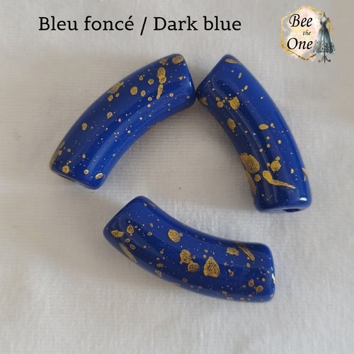 Perle tube en acrylique tacheté doré finition brillante - 34 x 11 mm - bleu foncé/doré