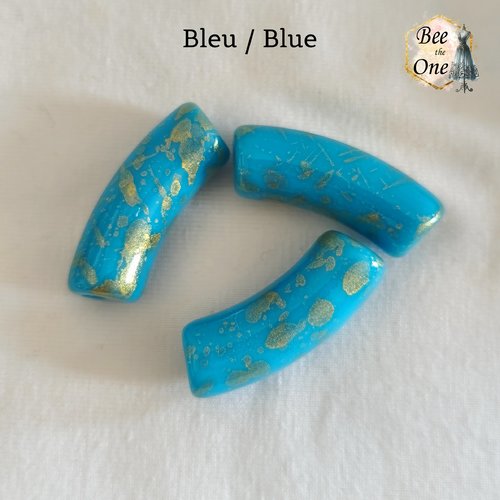 Perle tube en acrylique tacheté doré finition brillante - 34 x 11 mm - bleu/doré