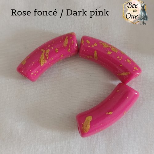 Perle tube en acrylique tacheté doré finition brillante - 34 x 11 mm - rose foncé/doré