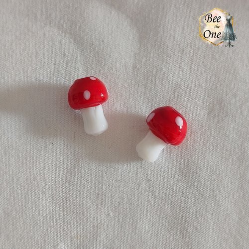 Lot de 2 perles en verre filé champignon amanite - 17 mm - rouge/blanc