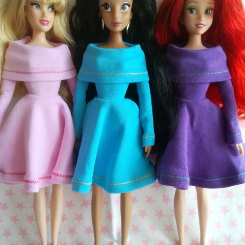 Vêtement robe mi-longue à col bardot pour poupées disney princesses (store) - 3 coloris - collection basics